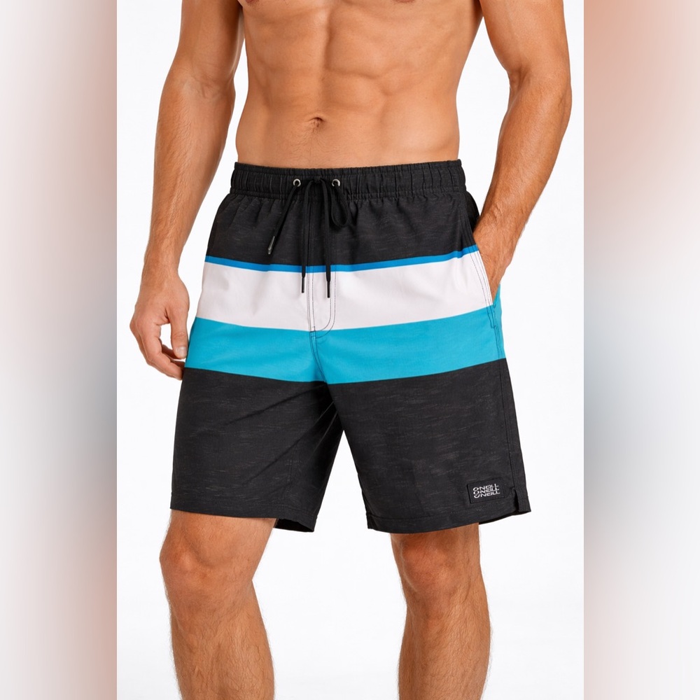 O’Neill Mens Swim Trunks Medium Black Blue Stripe Volley Stretch NWT